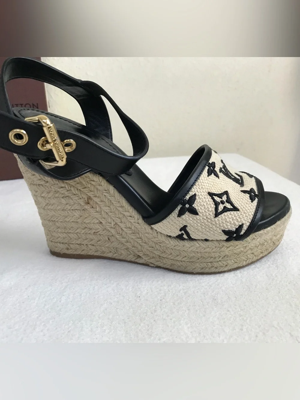 Louis Vuitton Black and Natural Monogram Espadrille Wedges - Picture 4 of 12